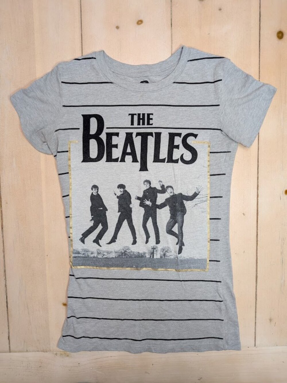The Beatles Apple Corps 2012 Graphic T Shirt Gray Striped Gold Women’s S